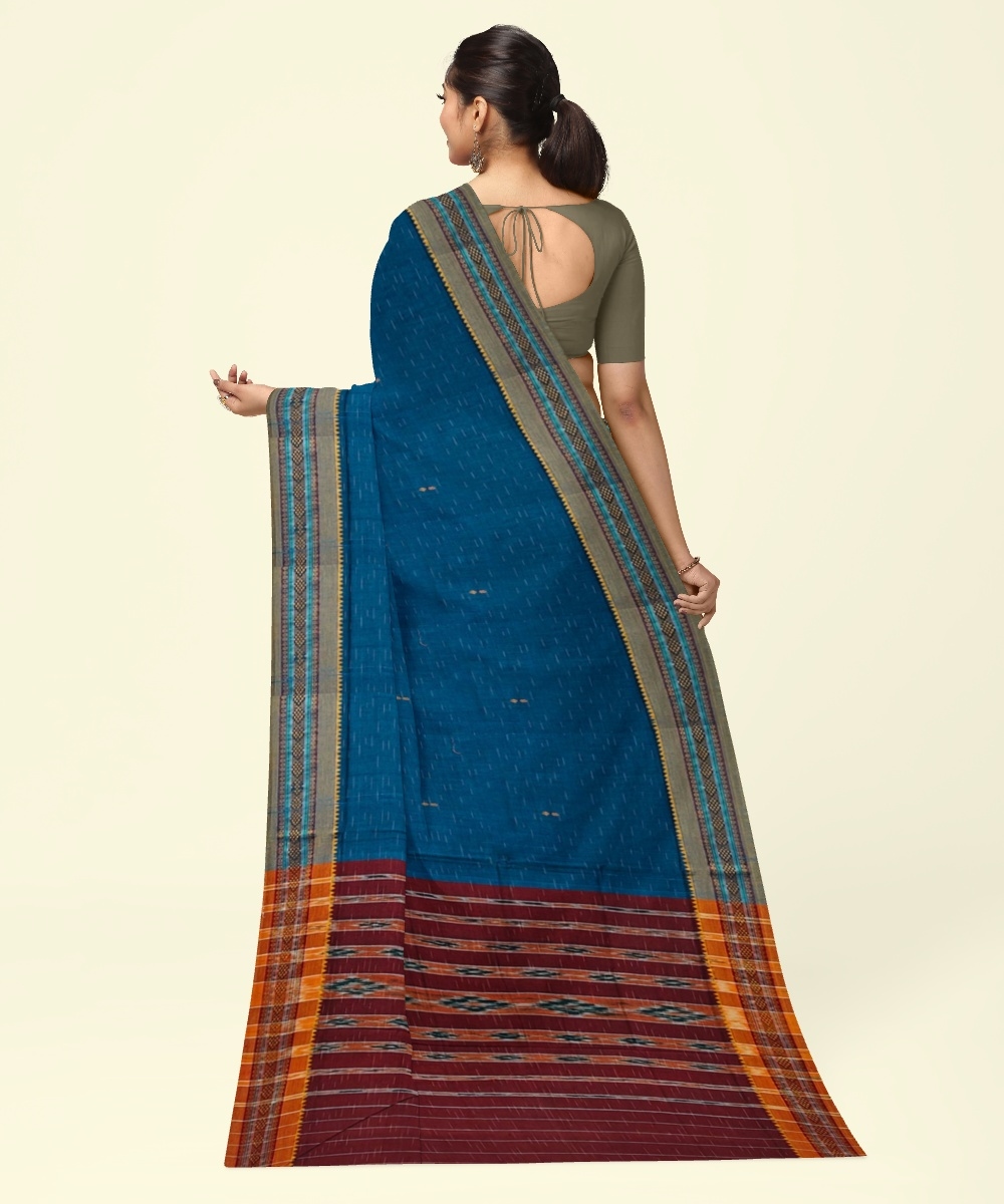 Blue Yellow Sambalpuri Handwoven Single Ikat Cotton Saree Image 4