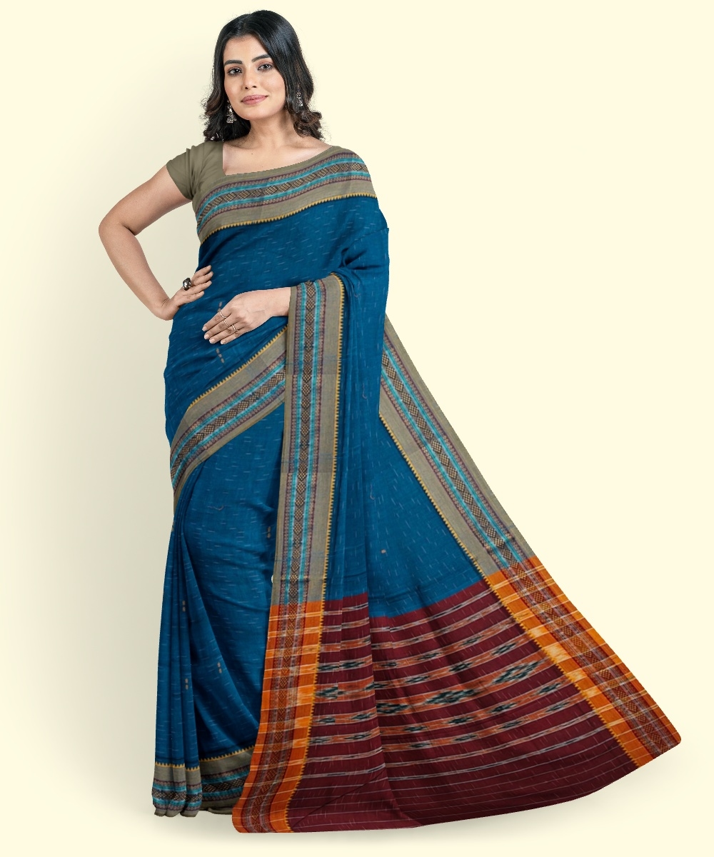 Blue Yellow Sambalpuri Handwoven Single Ikat Cotton Saree Image 1