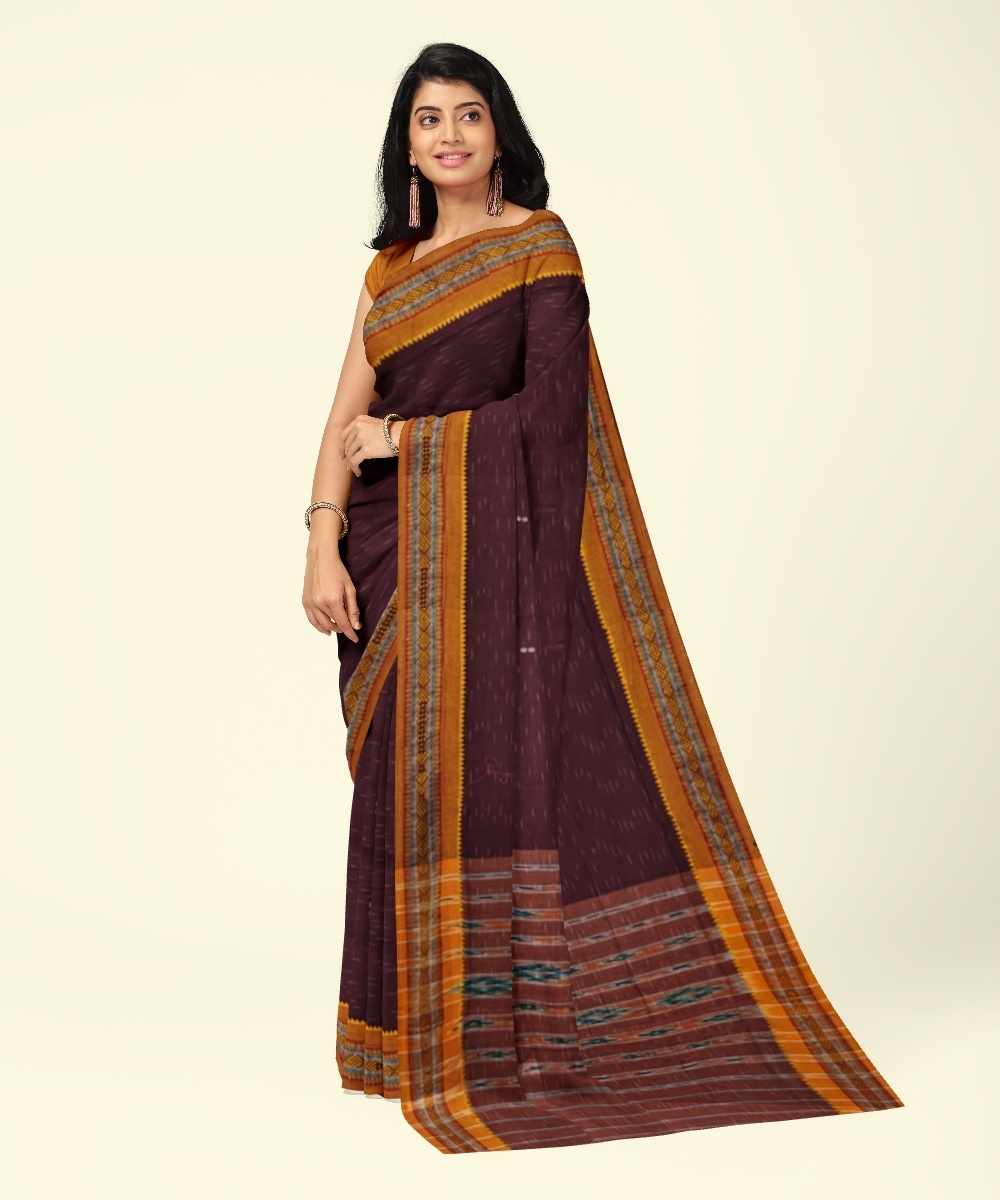 Maroon Yellow Sambalpuri Handwoven Single Ikat Cotton Saree Image 1
