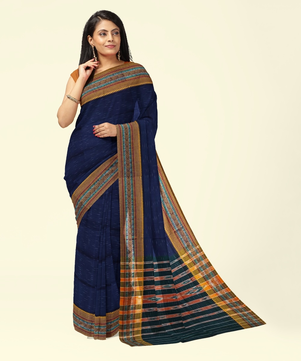 Blue Yellow Sambalpuri Handwoven Single Ikat Cotton Saree Image 4