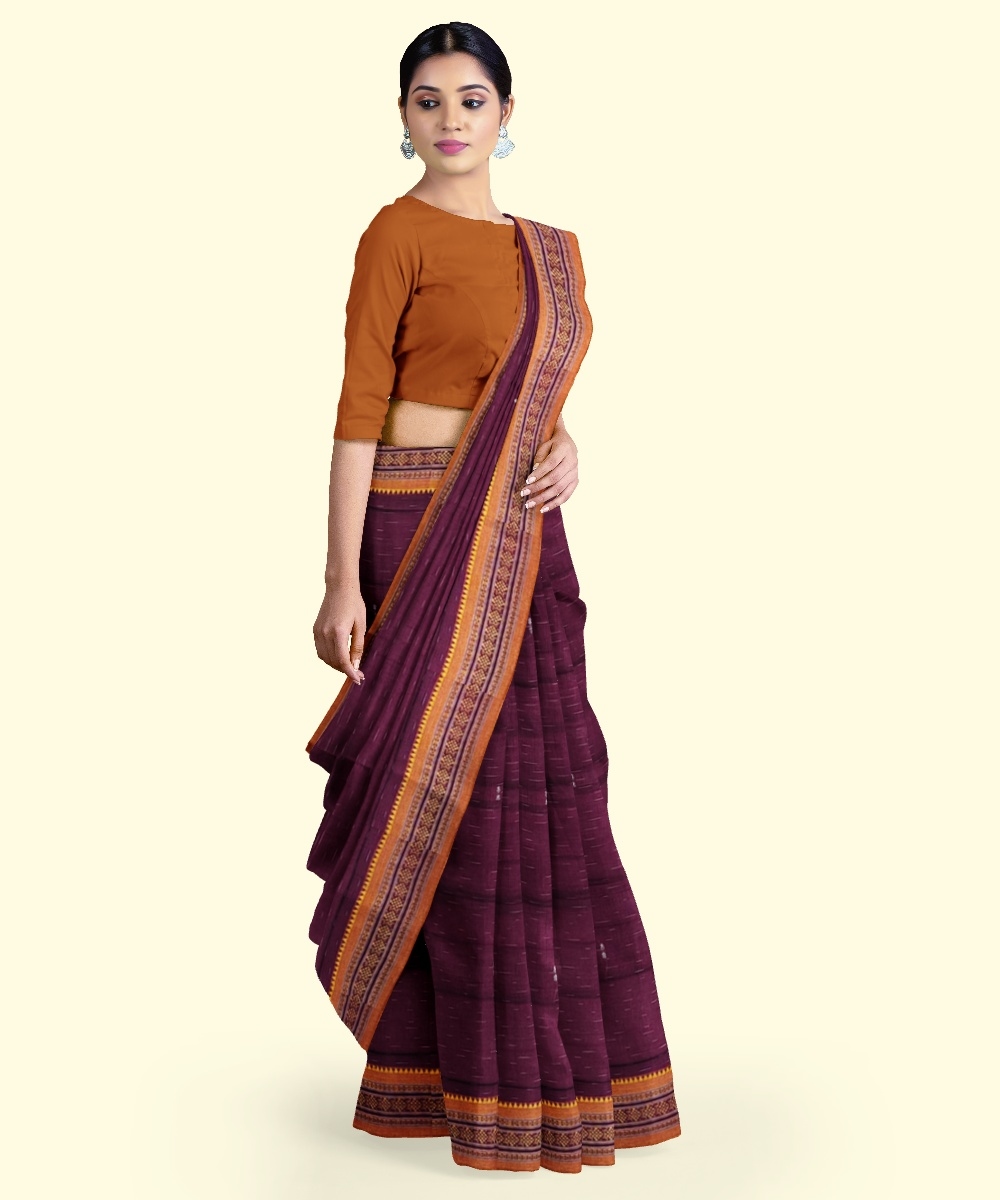 Purple Yellow Sambalpuri Handwoven Single Ikat Cotton Saree Image 2