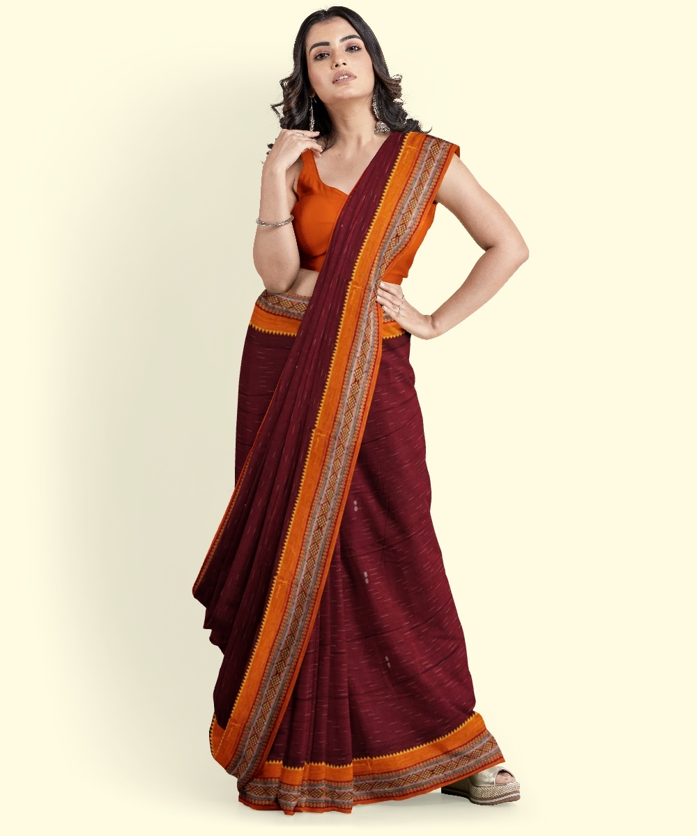 Maroon Orange Sambalpuri Handwoven Single Ikat Cotton Saree Image 3