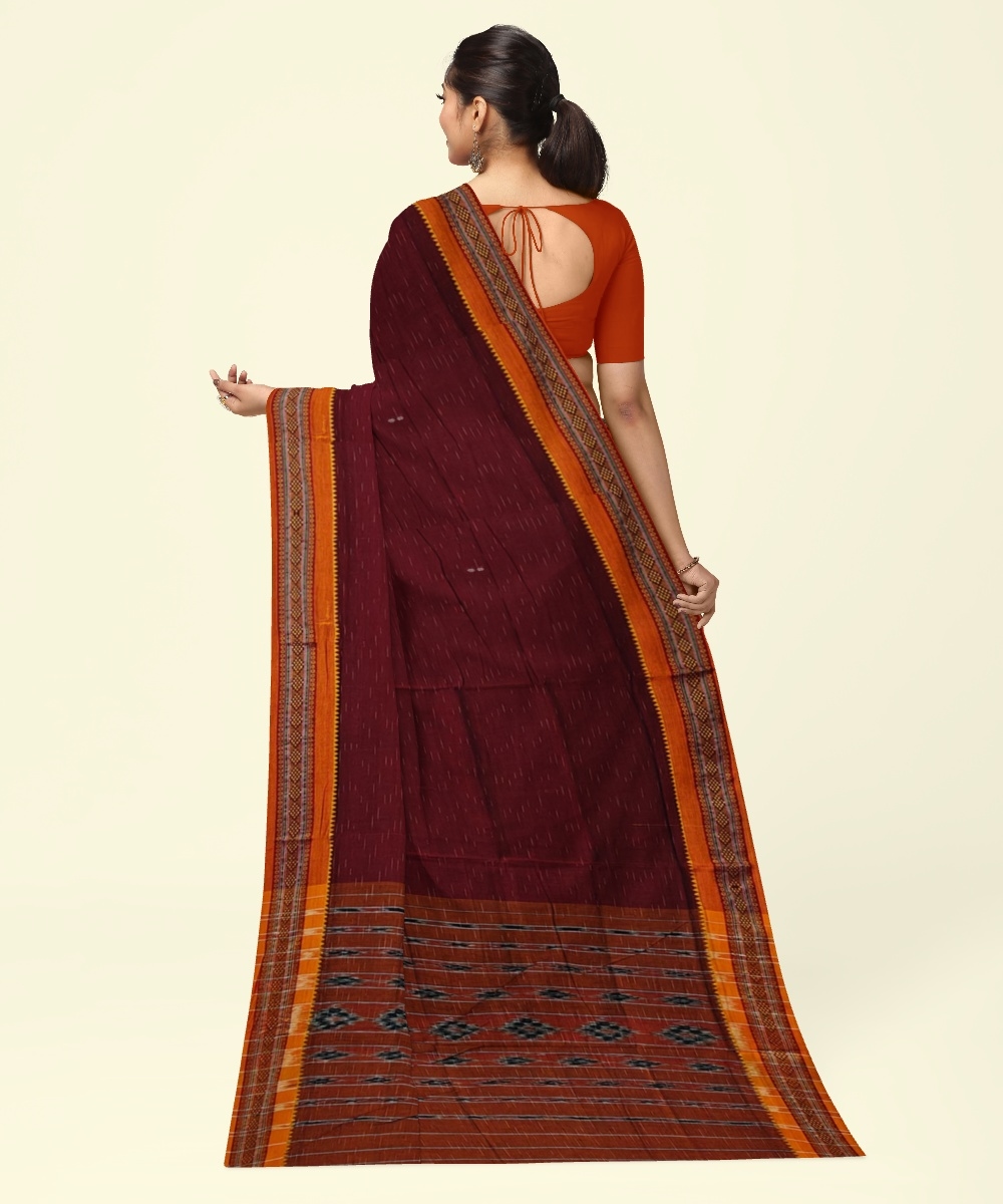 Maroon Orange Sambalpuri Handwoven Single Ikat Cotton Saree Image 4