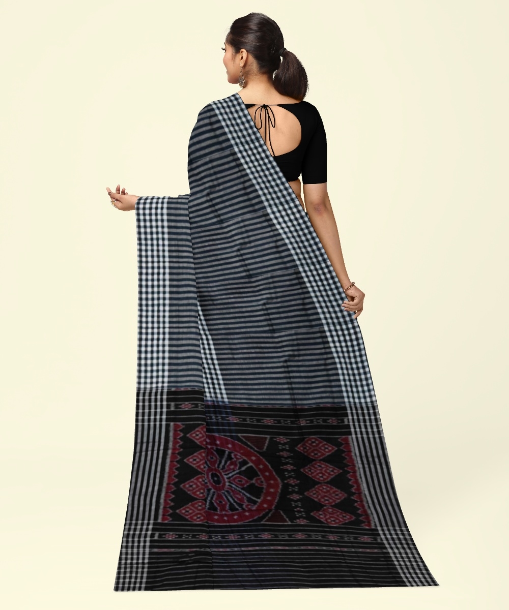 Gray Black Sambalpuri Handwoven Single Ikat Cotton Saree Image 3