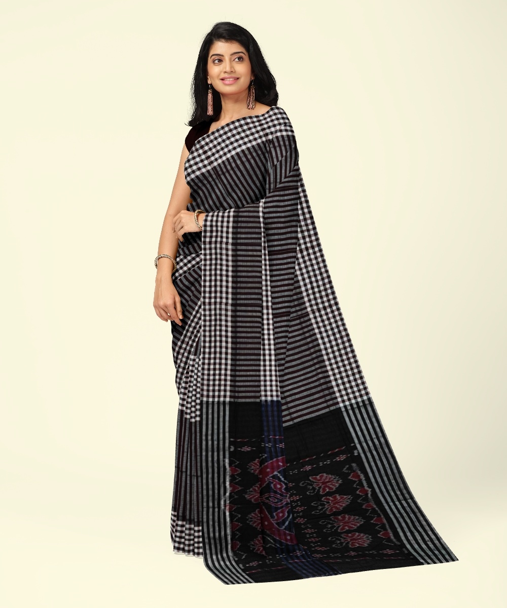 Maroon Black Sambalpuri Handwoven Single Ikat Cotton Saree Image 1