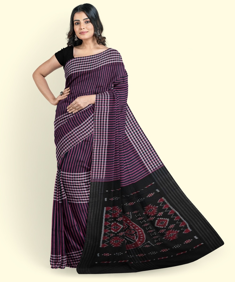 Purple Black Sambalpuri Handwoven Single Ikat Cotton Saree Image 1