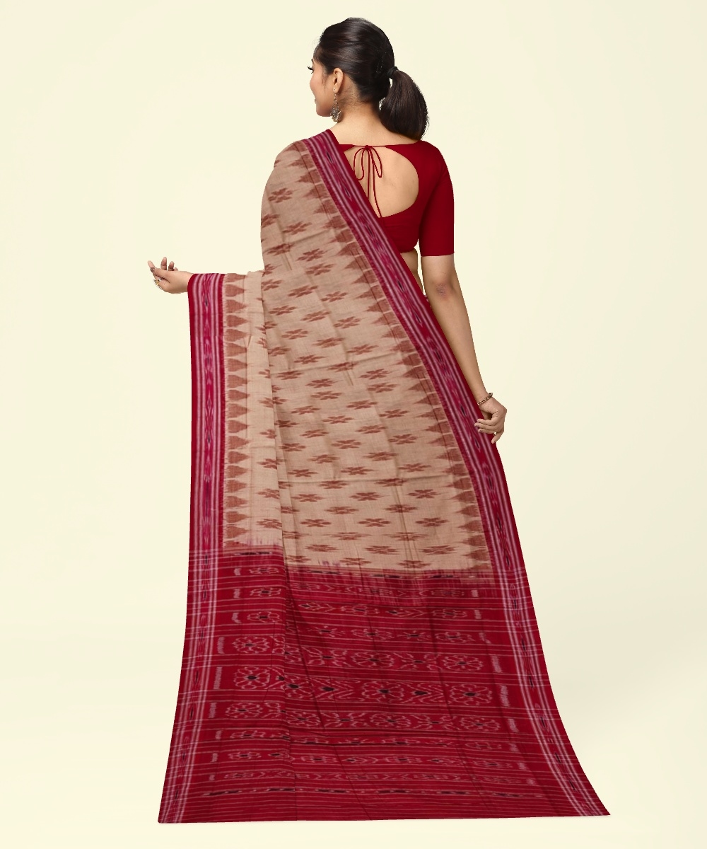 Beige Red Sambalpuri Handwoven Single Ikat Cotton Saree Image 3