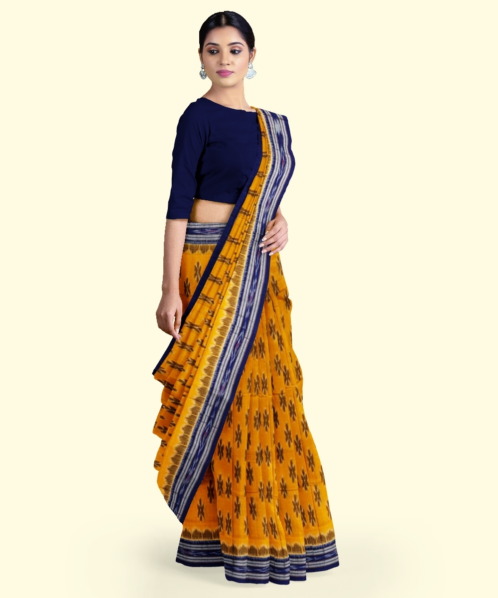 Yellow Black Sambalpuri Handwoven Single Ikat Cotton Saree Image 2