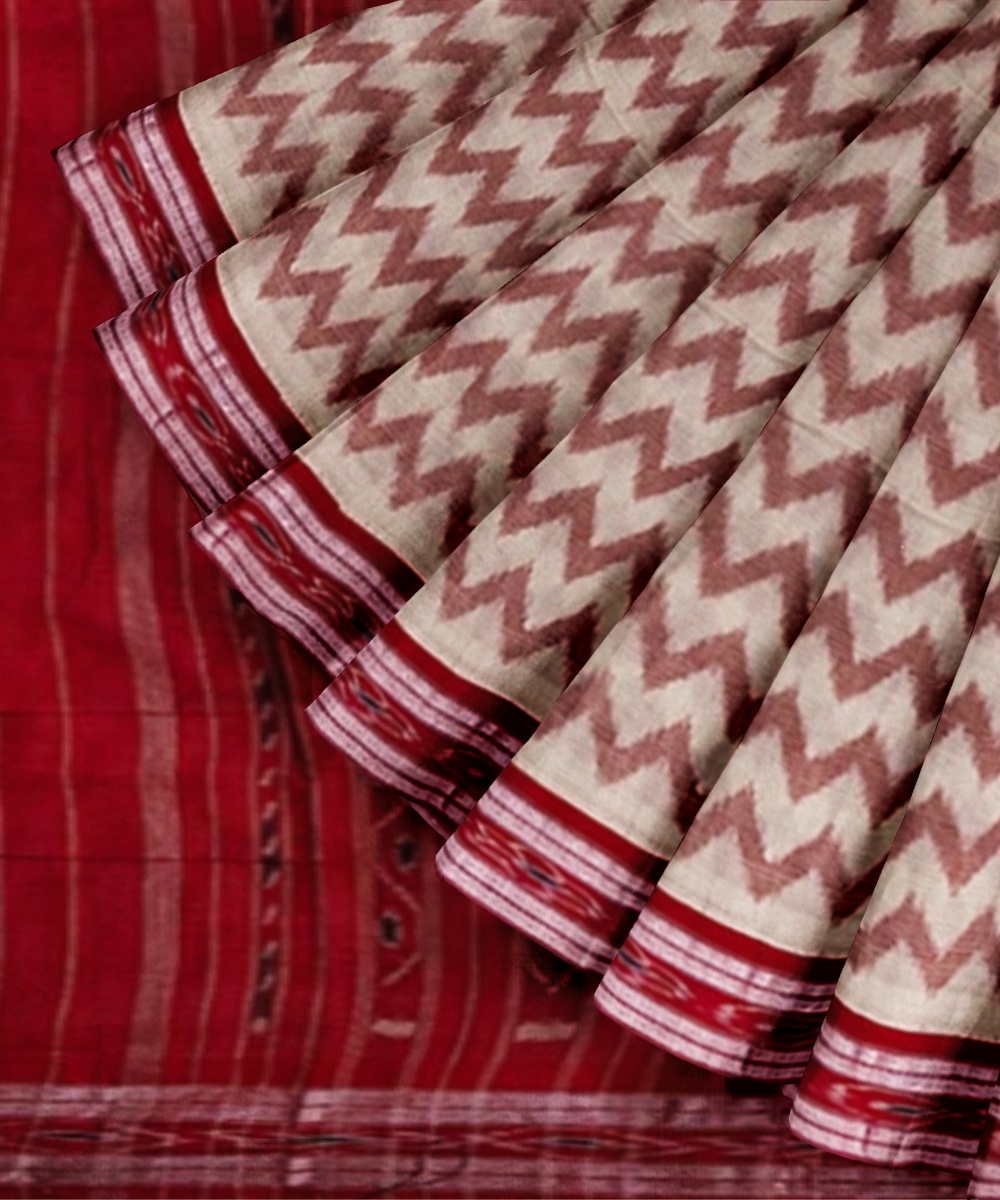 Beige Red Sambalpuri Handwoven Single Ikat Cotton Saree Image 2