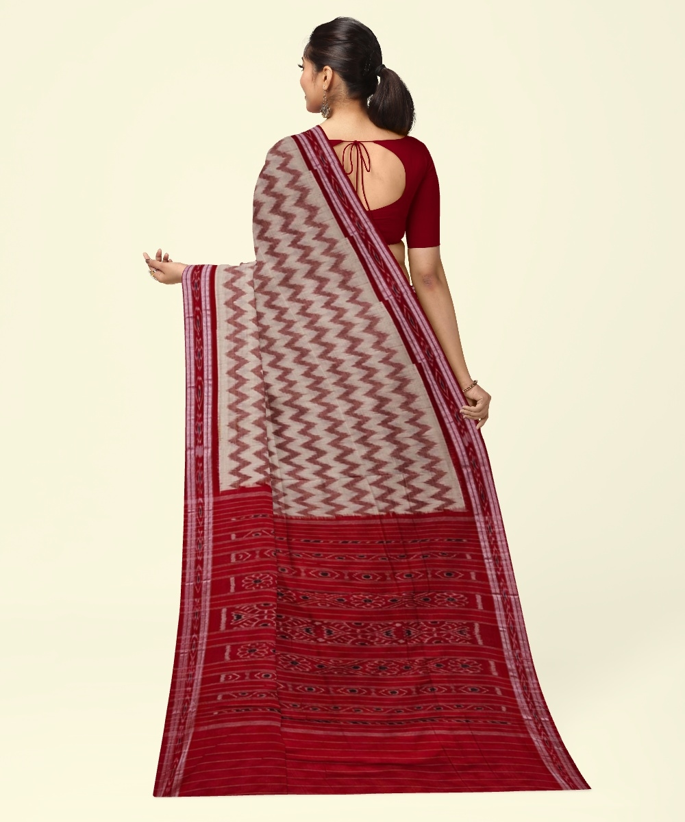 Beige Red Sambalpuri Handwoven Single Ikat Cotton Saree Image 4