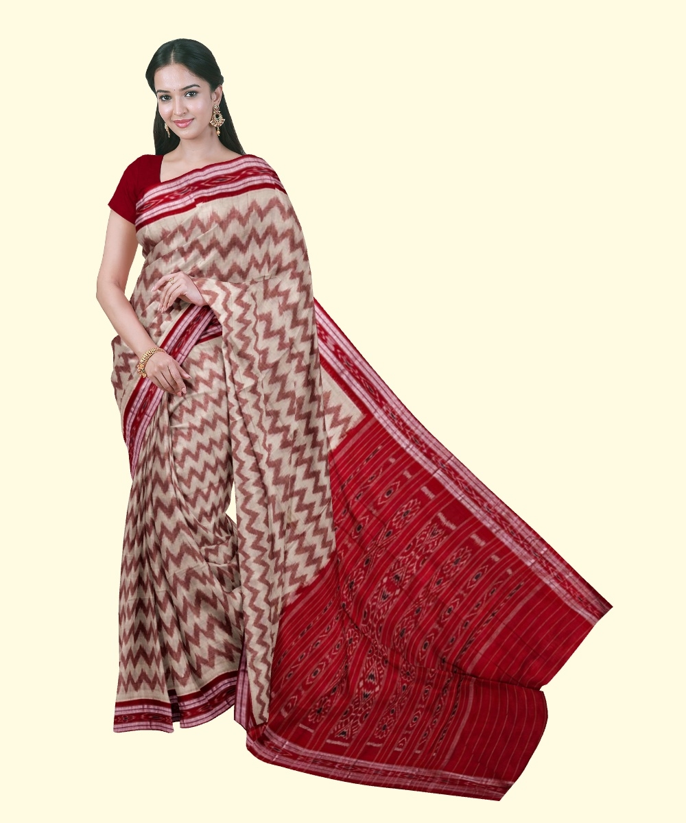 Beige Red Sambalpuri Handwoven Single Ikat Cotton Saree Image 1