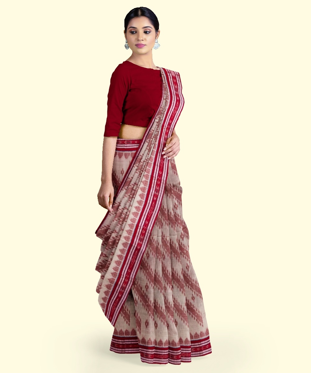 Beige Red Sambalpuri Handwoven Single Ikat Cotton Saree Image 2