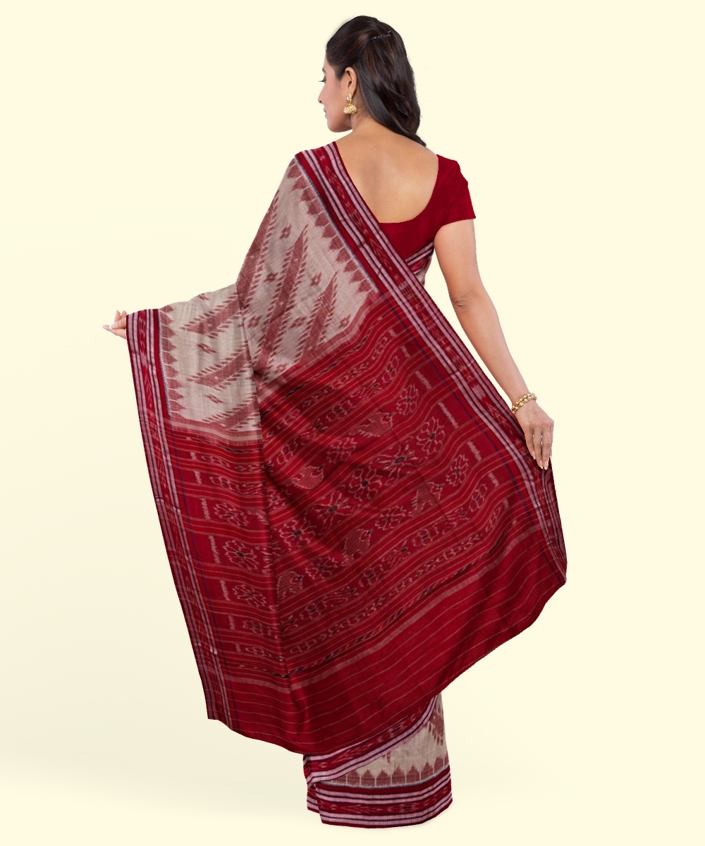 Beige Red Sambalpuri Handwoven Single Ikat Cotton Saree Image 4