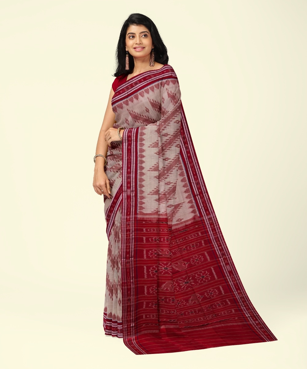 Beige Red Sambalpuri Handwoven Single Ikat Cotton Saree Image 1