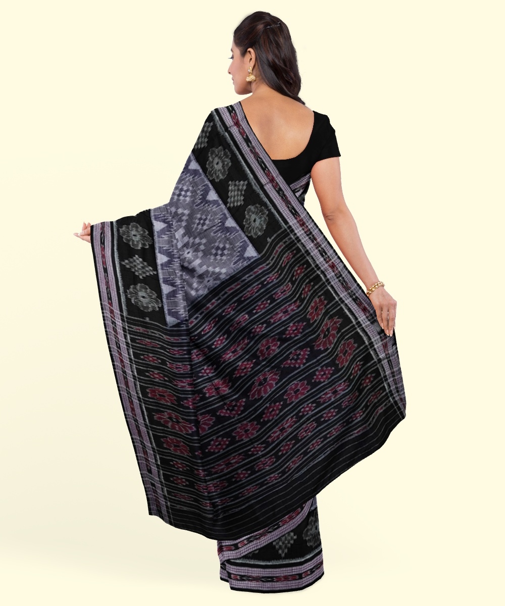 Gray Black Sambalpuri Handwoven Single Ikat Cotton Saree Image 3