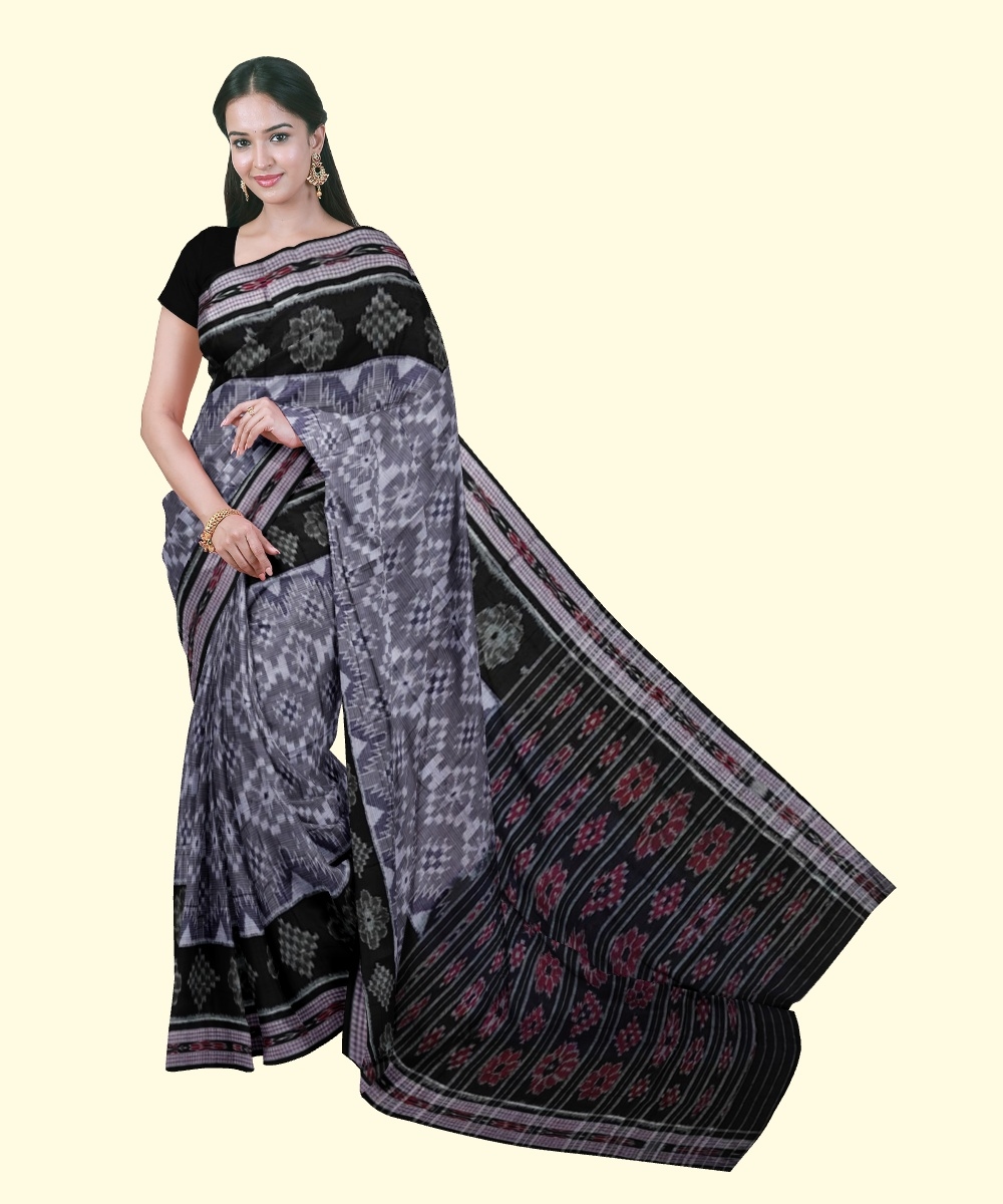 Gray Black Sambalpuri Handwoven Single Ikat Cotton Saree Image 1