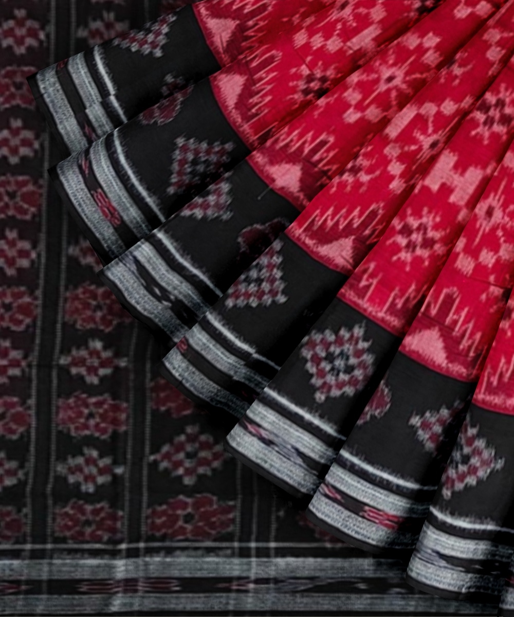 Red Black Sambalpuri Handwoven Single Ikat Cotton Saree Image 3
