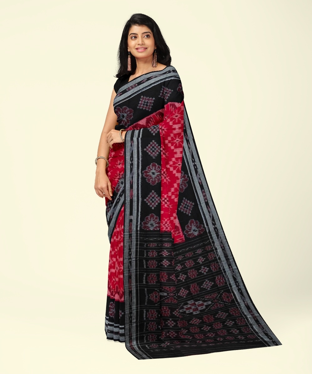 Red Black Sambalpuri Handwoven Single Ikat Cotton Saree Image 1