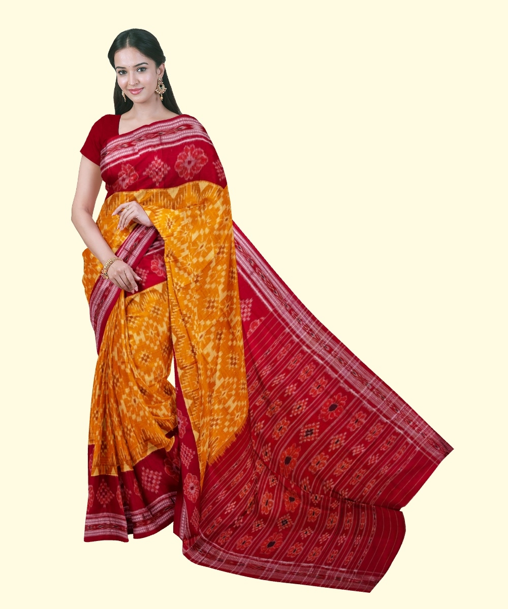 Yellow Red Sambalpuri Handwoven Single Ikat Cotton Saree Image 1