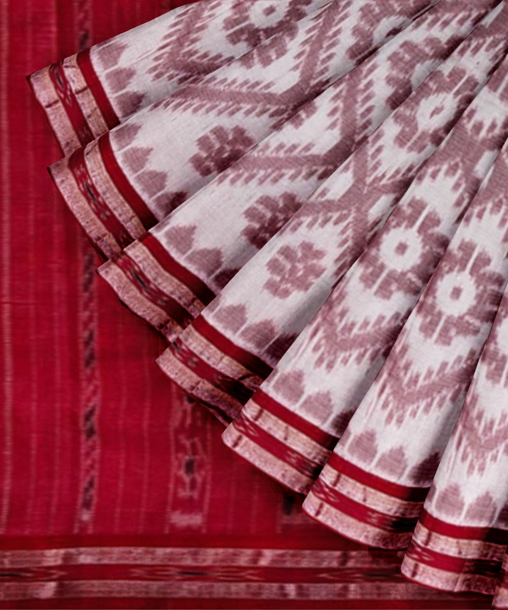 White Red Sambalpuri Handwoven Single Ikat Cotton Saree Image 3