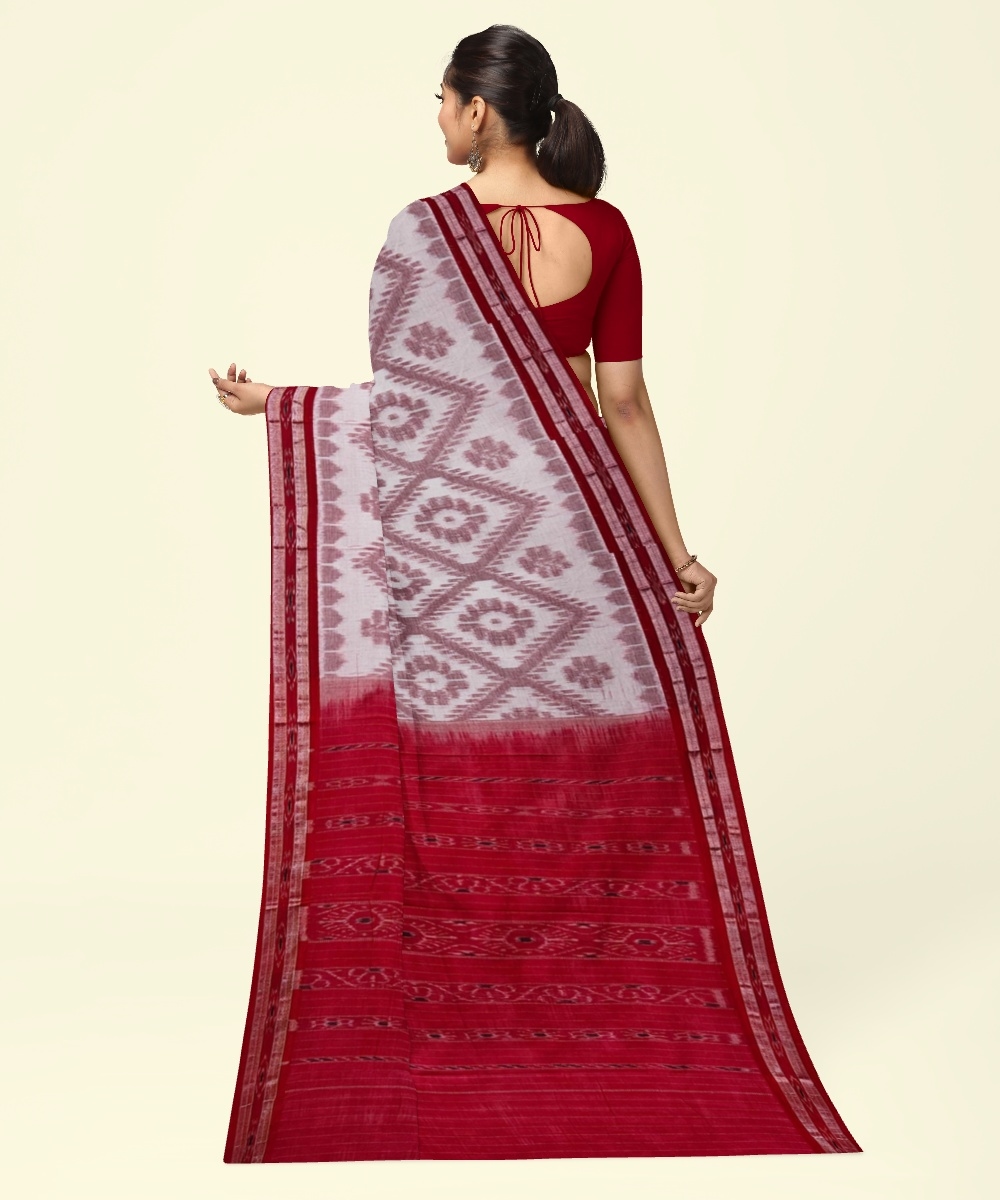 White Red Sambalpuri Handwoven Single Ikat Cotton Saree Image 4