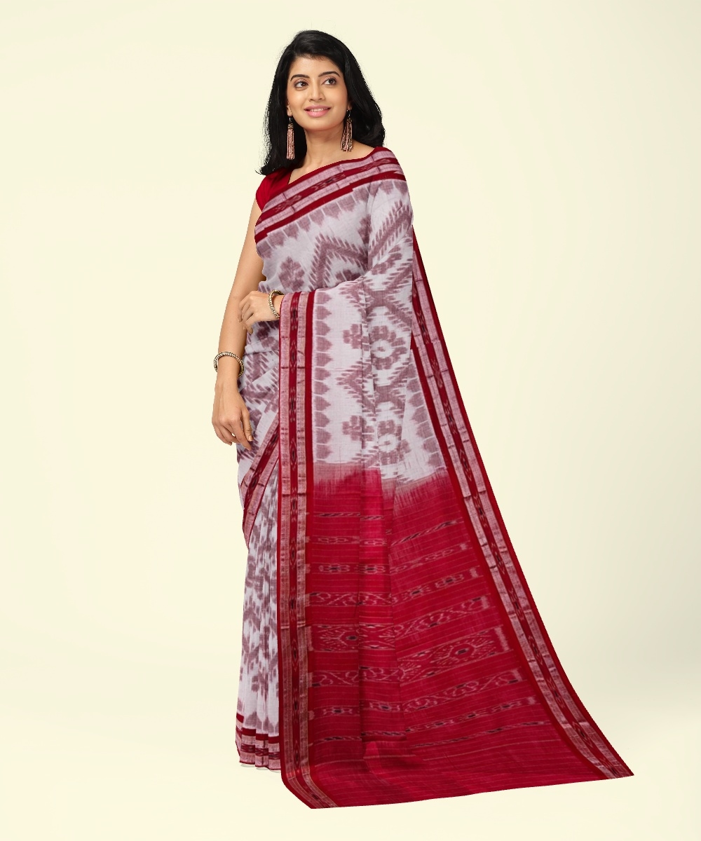 White Red Sambalpuri Handwoven Single Ikat Cotton Saree Image 1