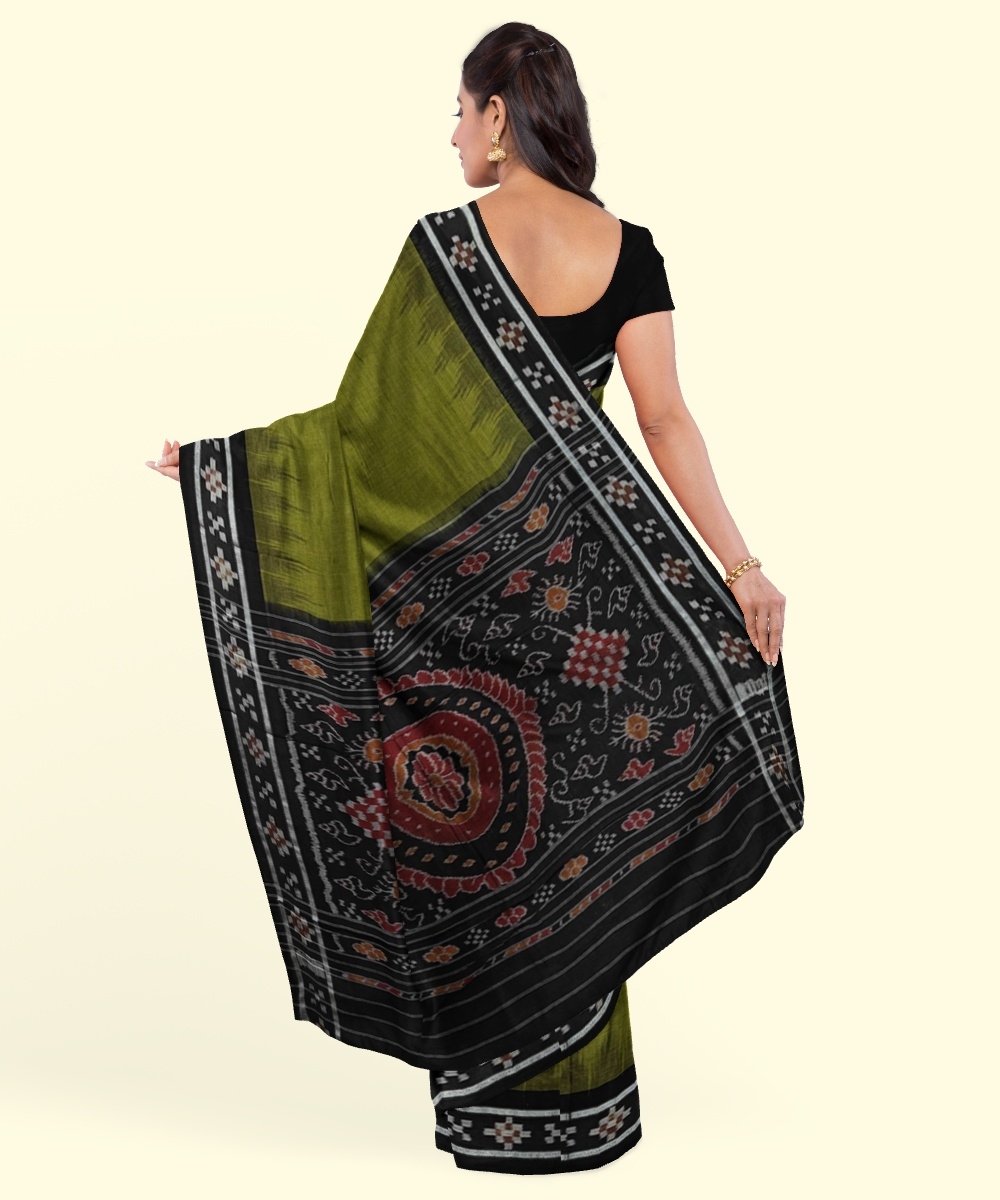 Olive Black Sambalpuri Handwoven Single Ikat Cotton Saree Image 3