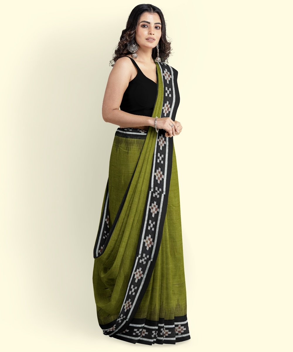 Olive Black Sambalpuri Handwoven Single Ikat Cotton Saree Image 4