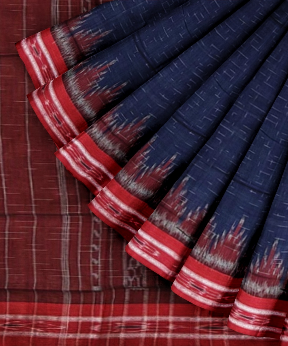 Blue Red Sambalpuri Handwoven Single Ikat Cotton Saree Image 3