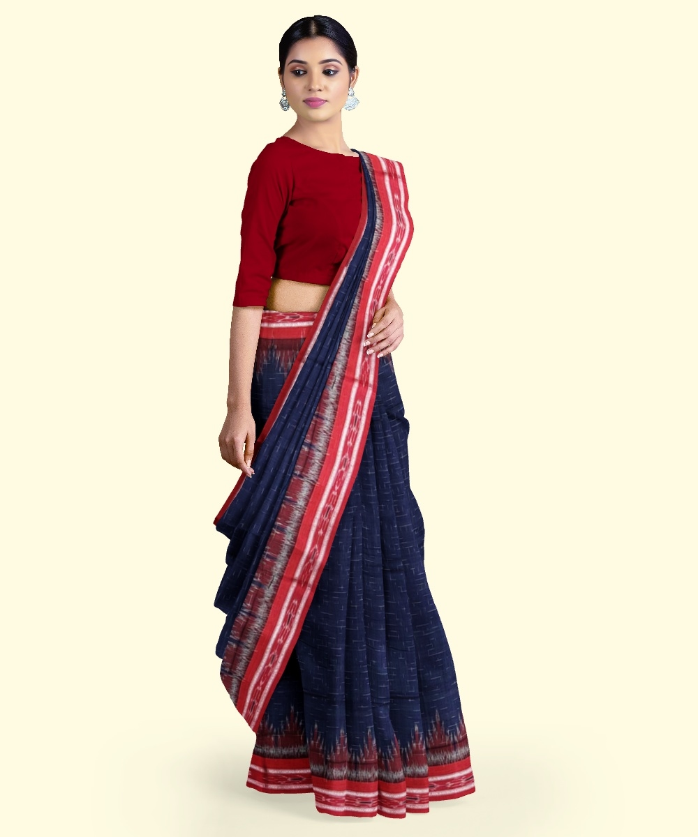 Blue Red Sambalpuri Handwoven Single Ikat Cotton Saree Image 2