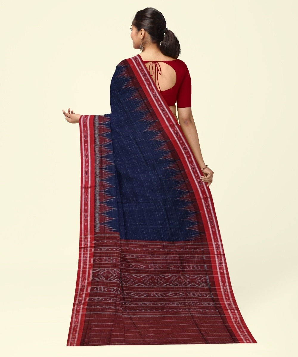 Blue Red Sambalpuri Handwoven Single Ikat Cotton Saree Image 4