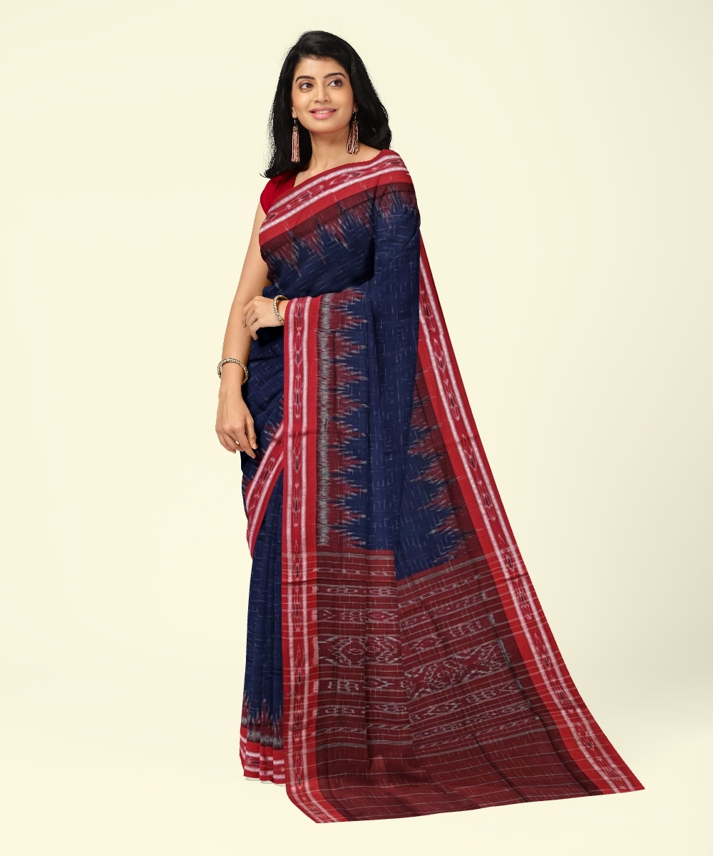 Blue Red Sambalpuri Handwoven Single Ikat Cotton Saree Image 1