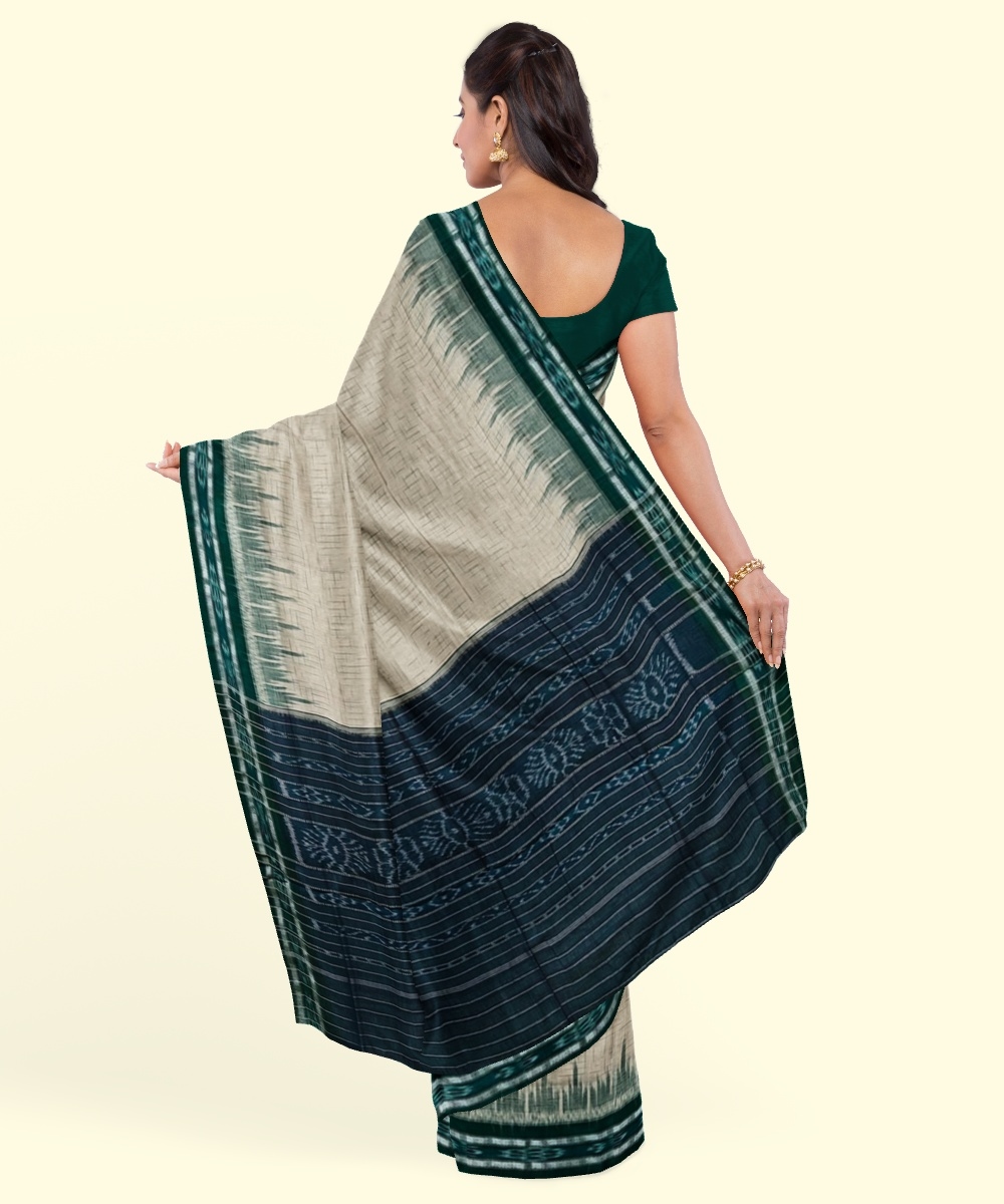Offwhite Green Sambalpuri Handwoven Single Ikat Cotton Saree Image 3