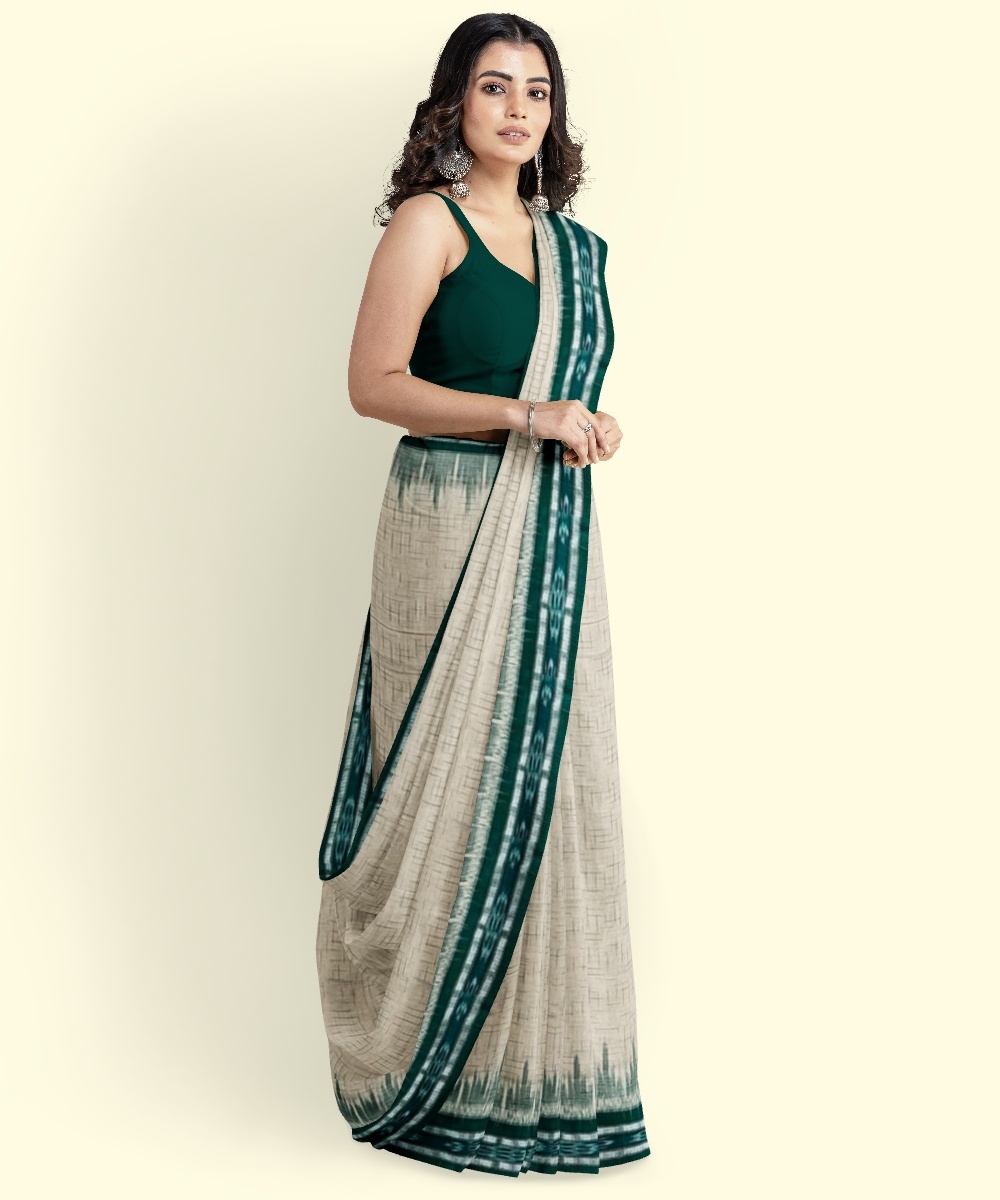 Offwhite Green Sambalpuri Handwoven Single Ikat Cotton Saree Image 4