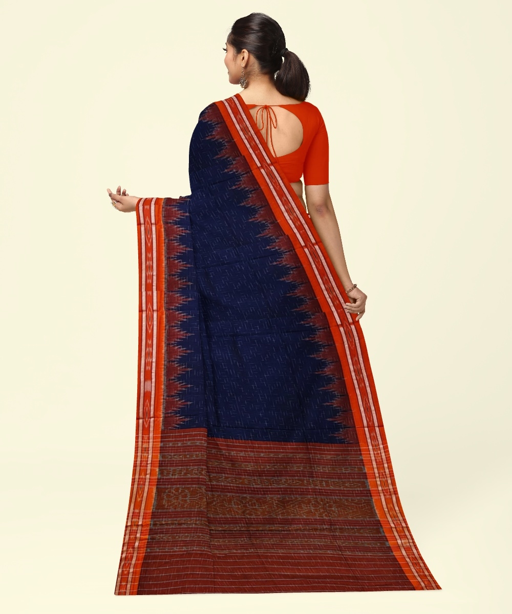 Blue Orange Sambalpuri Handwoven Single Ikat Cotton Saree Image 4