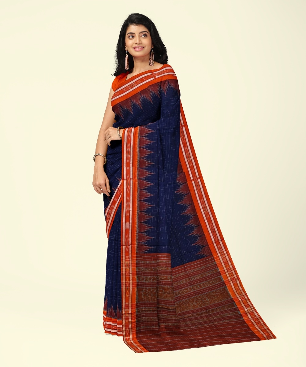 Blue Orange Sambalpuri Handwoven Single Ikat Cotton Saree Image 1