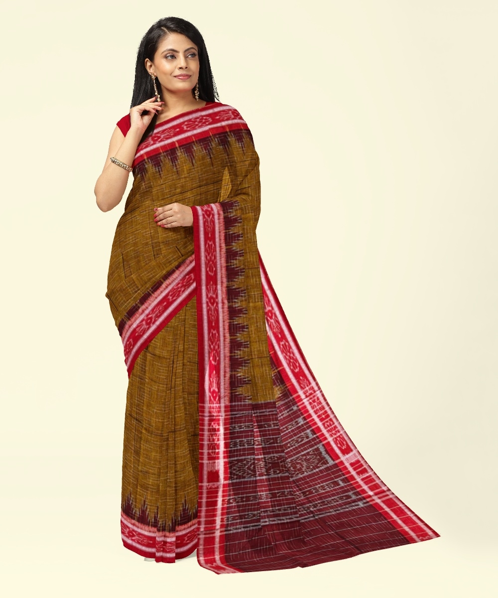 Rust Maroon Sambalpuri Handwoven Single Ikat Cotton Saree Image 4