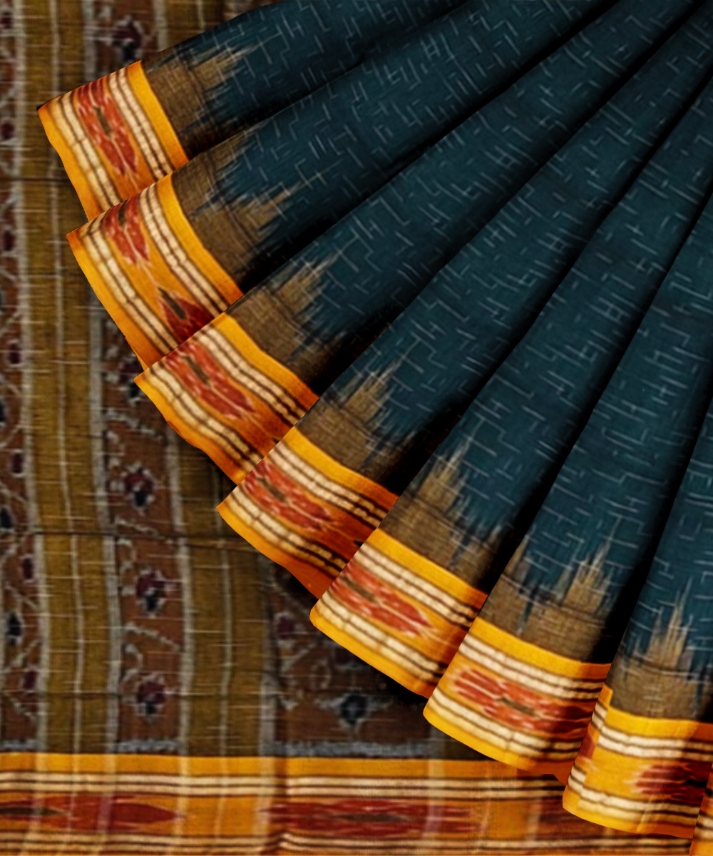 Green Yellow Sambalpuri Handwoven Single Ikat Cotton Saree Image 3