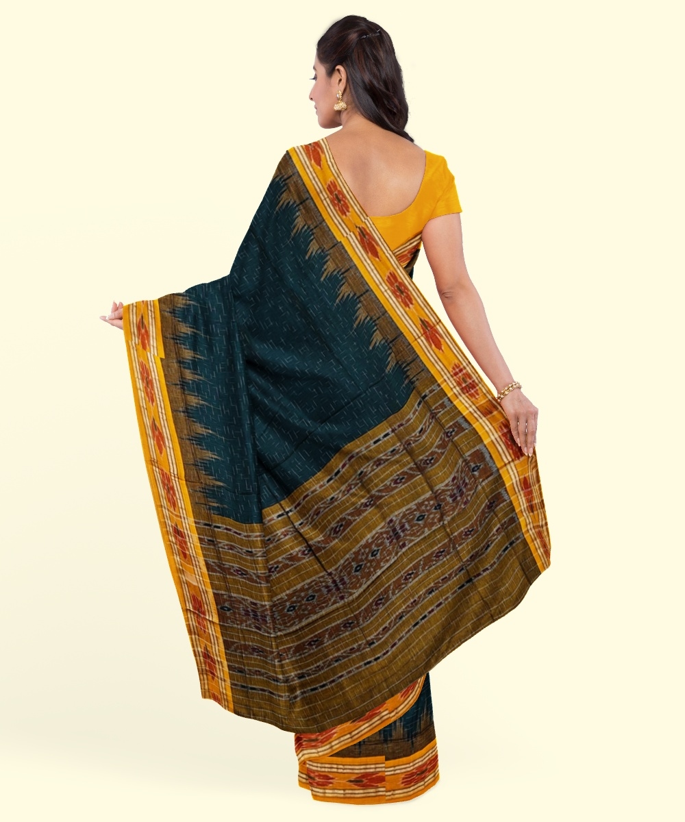 Green Yellow Sambalpuri Handwoven Single Ikat Cotton Saree Image 4