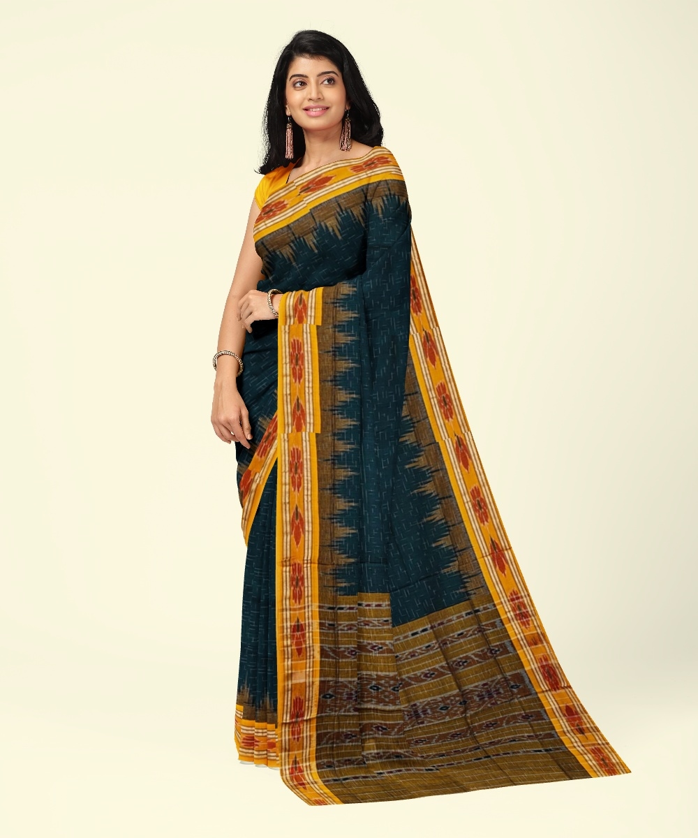 Green Yellow Sambalpuri Handwoven Single Ikat Cotton Saree Image 1