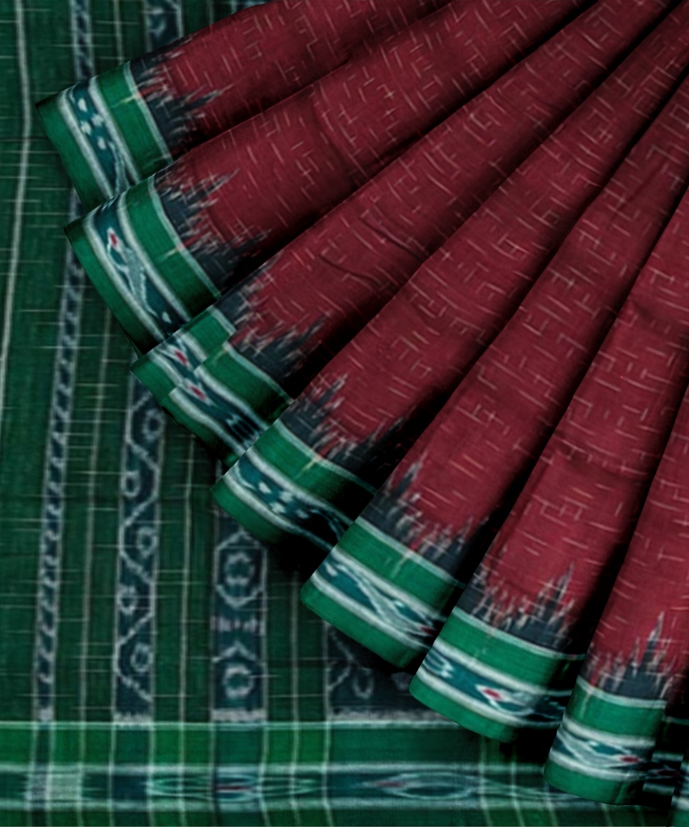 Maroon Green Sambalpuri Handwoven Single Ikat Cotton Saree Image 2