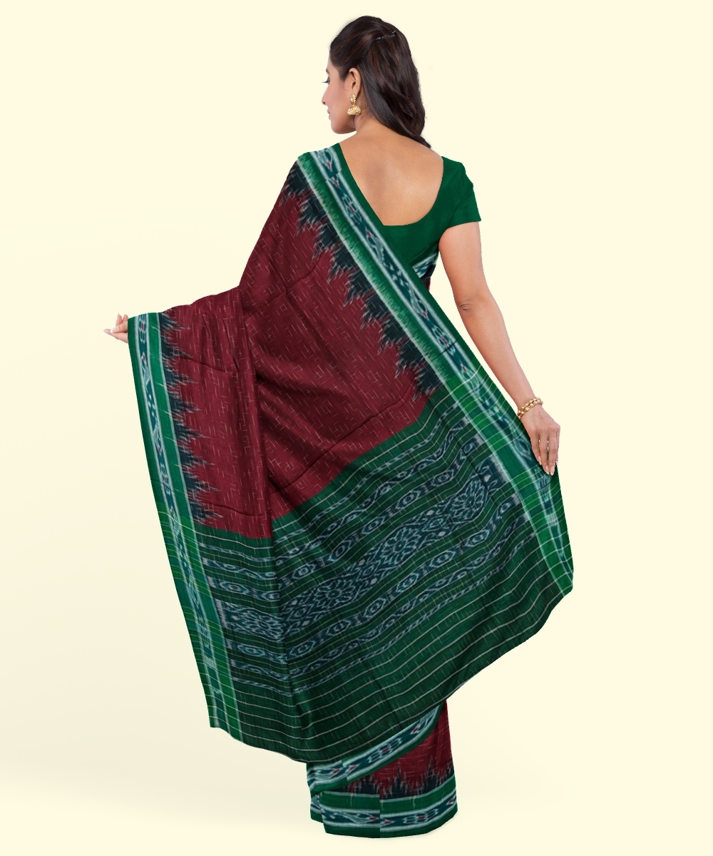 Maroon Green Sambalpuri Handwoven Single Ikat Cotton Saree Image 3