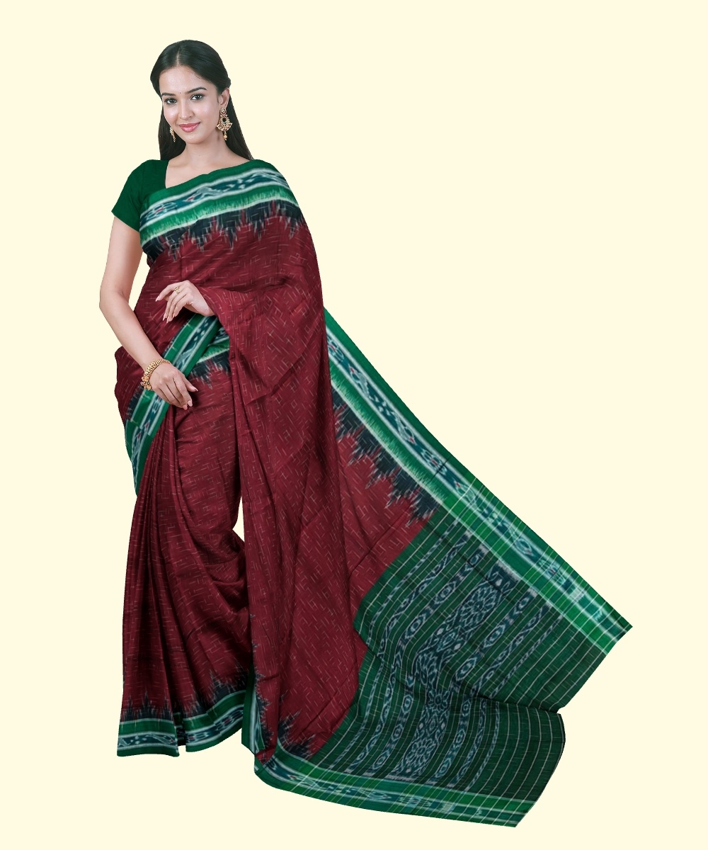 Maroon Green Sambalpuri Handwoven Single Ikat Cotton Saree Image 1