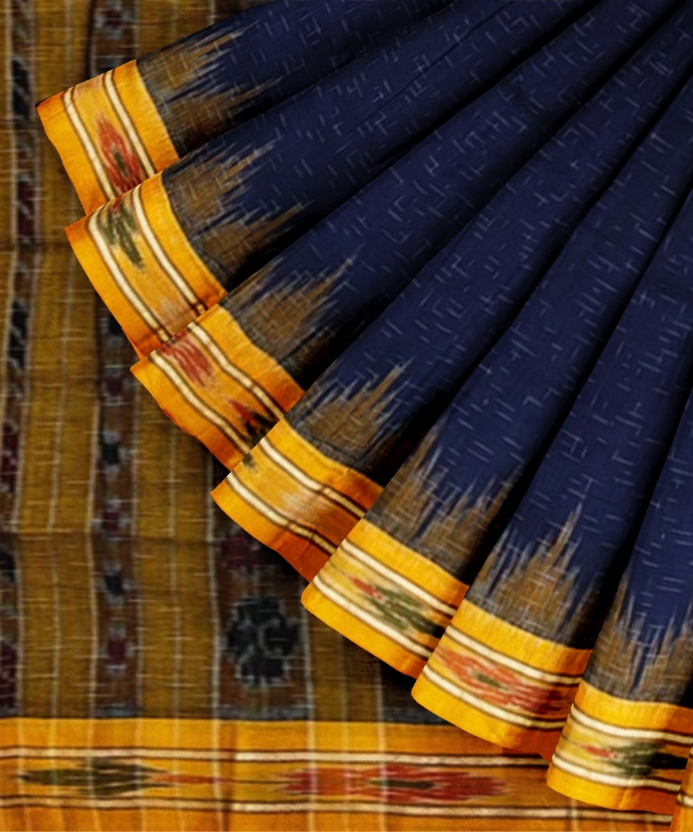 Blue Yellow Sambalpuri Handwoven Single Ikat Cotton Saree Image 2