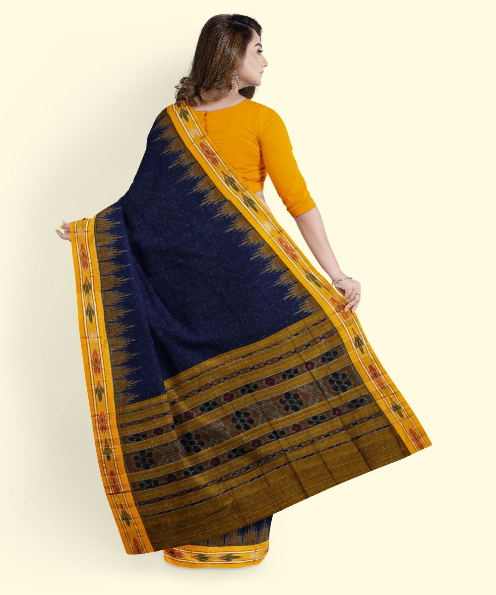 Blue Yellow Sambalpuri Handwoven Single Ikat Cotton Saree Image 3