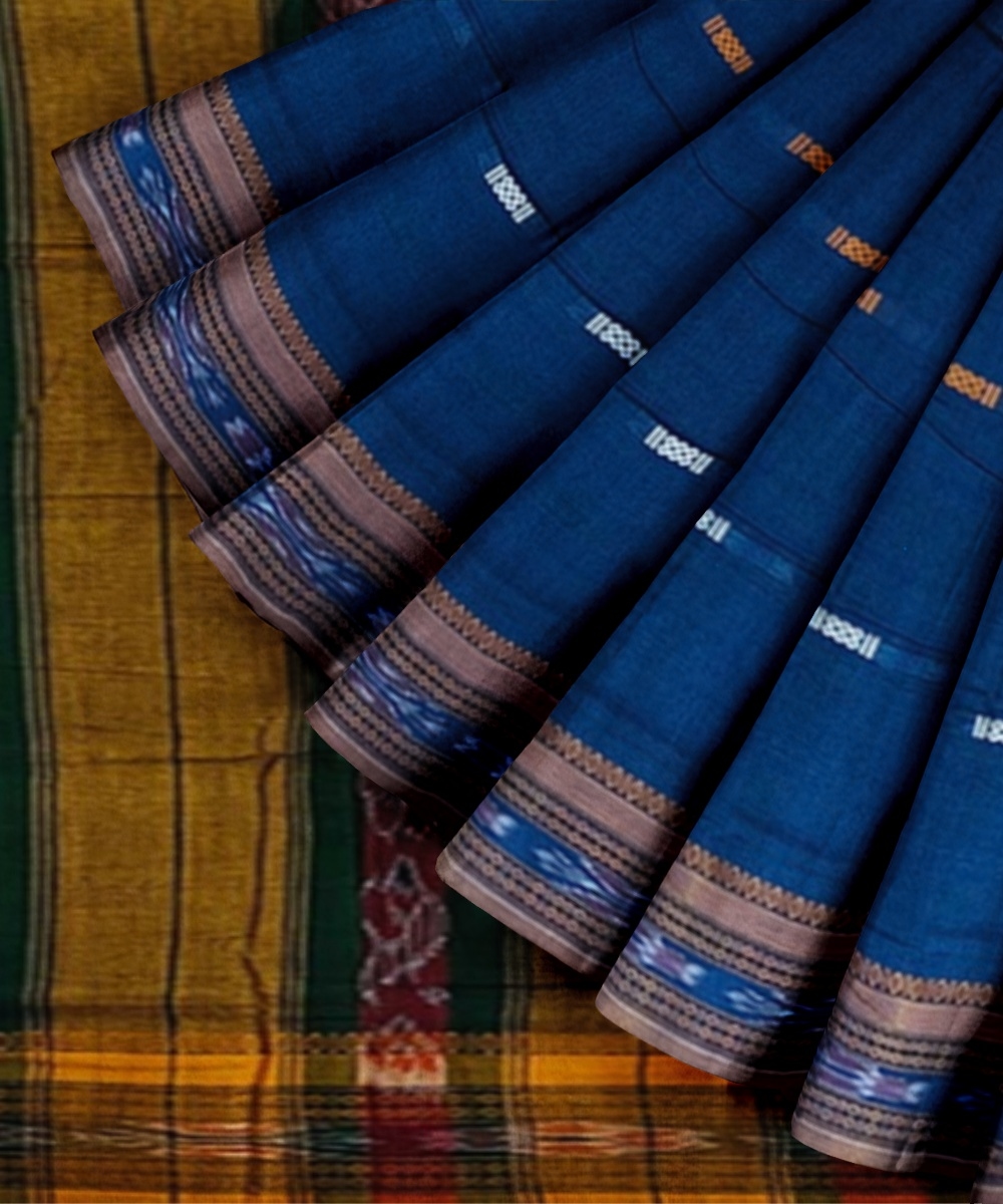 Blue Yellow Sambalpuri Handwoven Single Ikat Cotton Saree Image 3