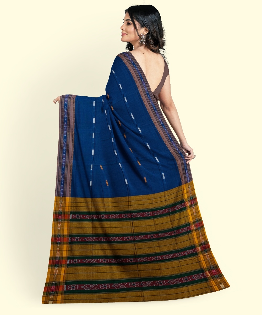 Blue Yellow Sambalpuri Handwoven Single Ikat Cotton Saree Image 4