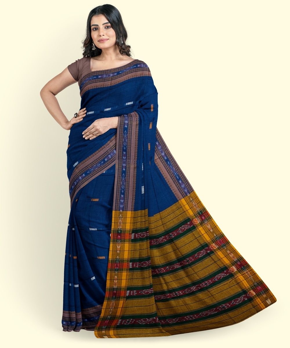 Blue Yellow Sambalpuri Handwoven Single Ikat Cotton Saree Image 1