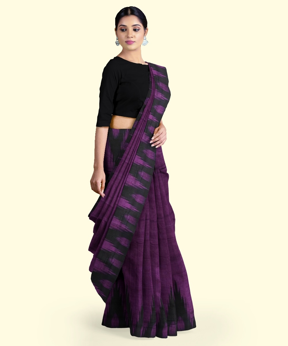 Purple Black Sambalpuri Handwoven Single Ikat Cotton Saree Image 2