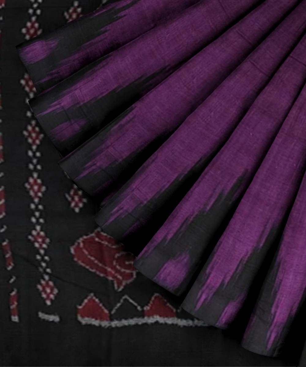 Purple Black Sambalpuri Handwoven Single Ikat Cotton Saree Image 3